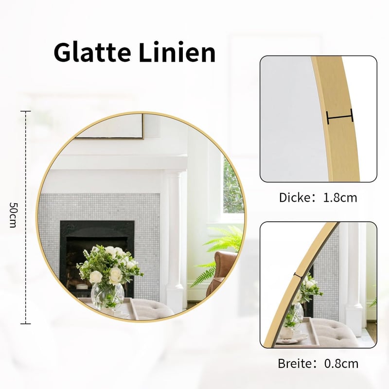 Koonmi 50cm Arany Kerek Tükör Alumínium Kerettel - Fürdőszobába, Nappaliba