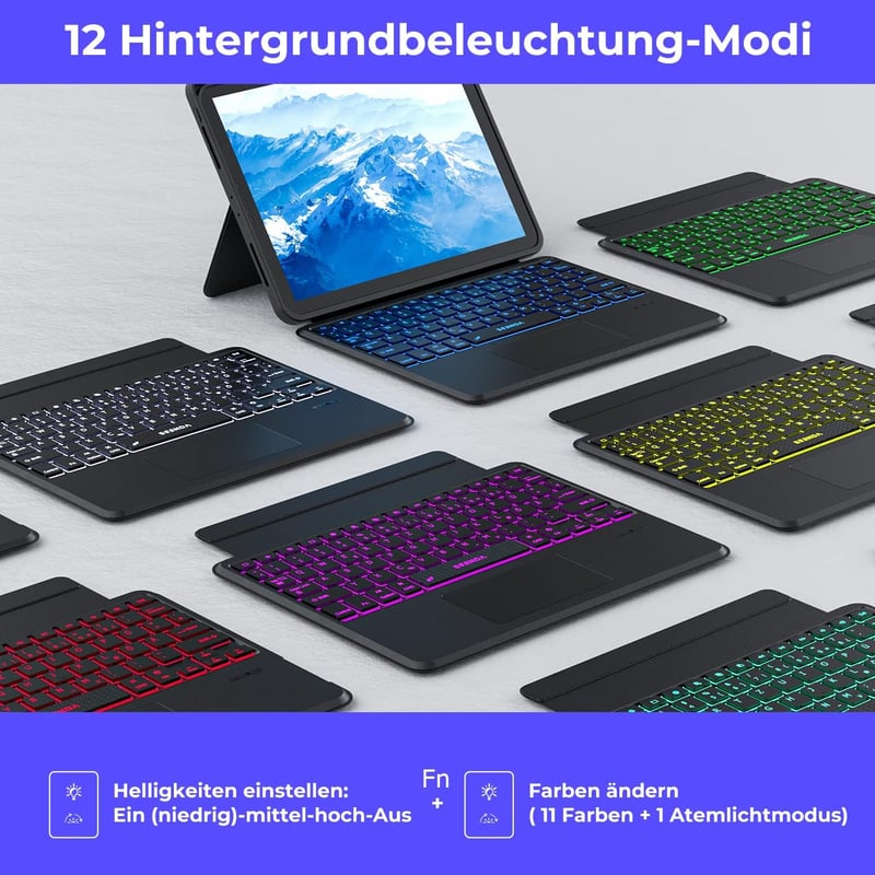 seenda iPad 10 Generációs Tok QWERTZ Bluetooth Billentyűzettel - 7 Színű Háttérvilágítás, Érintőpad, Tolltartó, Levehető Billentyűzet, 10.9"