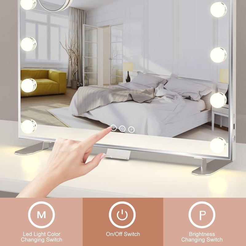 ADDCOLOR Hollywood Sminktükör LED Világítással - 14 Fényerőszabályozható Lámpa, 3 Színmód, Érintőképernyős 60x18x52.3 cm