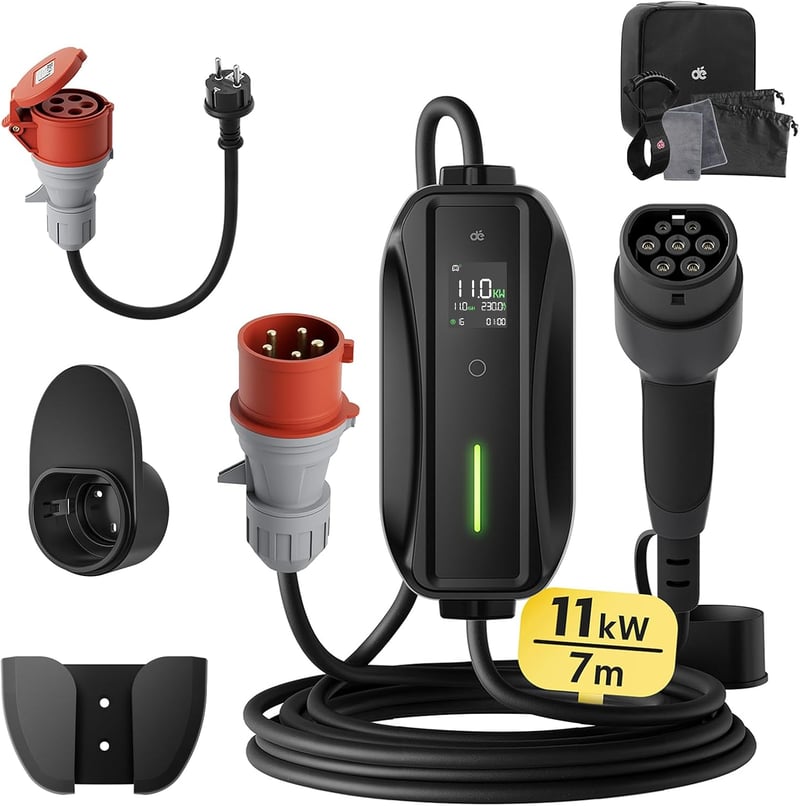 dé Mobile Wallbox 11 kW Elektromos Autó Töltőállomás - 3 Fázisú, 7m Kábel, Állítható Töltőerő, Type 2 Csatlakozó, Kompatibilis Tesla, VW, Au