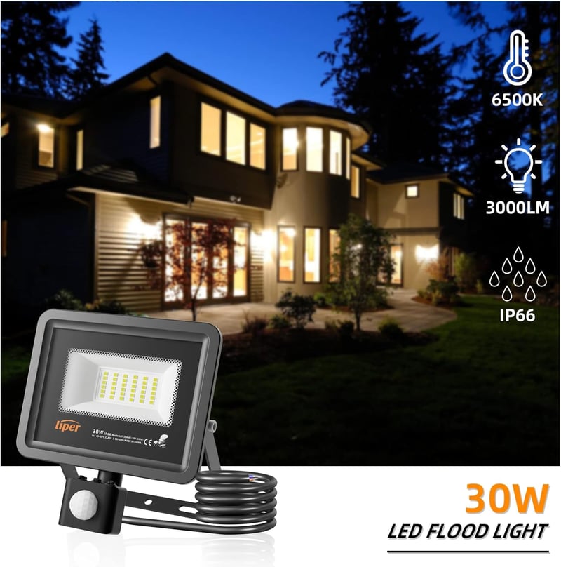 LIPER 50W LED reflektor mozgásérzékelővel, kültéri IP66 vízálló, 5000LM, hidegfehér