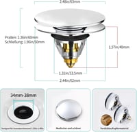 Univerzális Pop-Up Mosdódugó Nagy Fedéllel, Eltömődésgátló Szűrővel (34-38mm) 2
