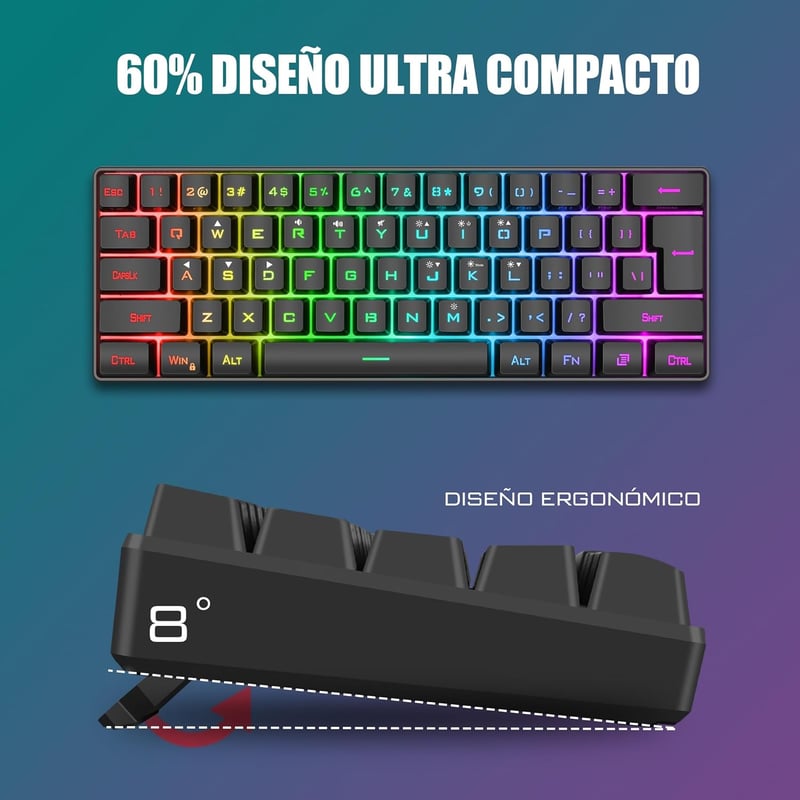 RedThunder K62 Mechanikus Gamer Billentyűzet és Egér Szett, 60% Kompakt RGB Háttérvilágítás, 7200 DPI Precíziós Egér, 62 Anti-Ghosting Gomb,