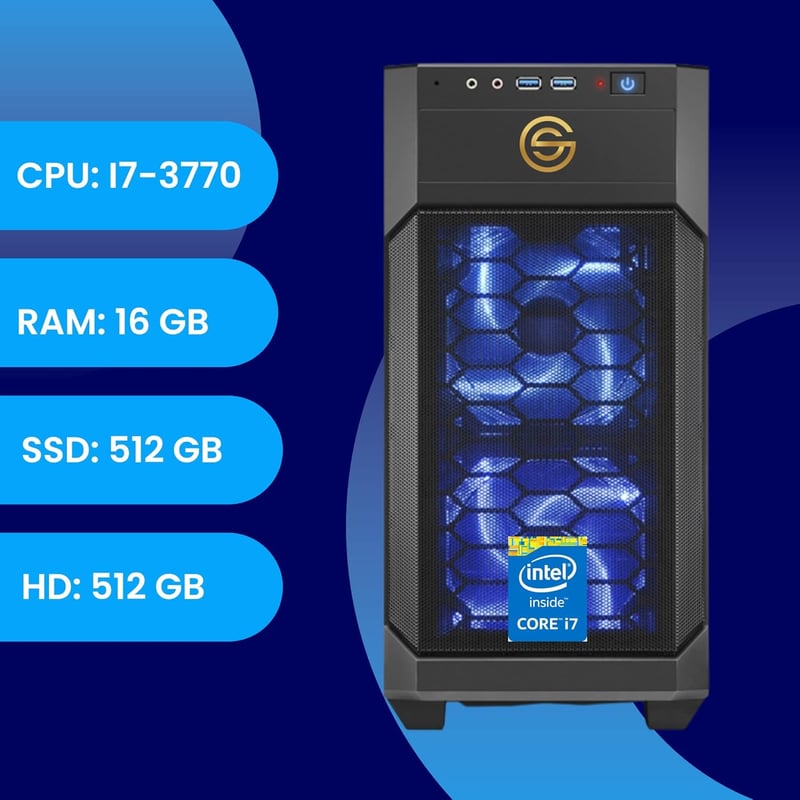 SG Intel i7 asztali számítógép 16GB RAM-mal, 512GB SSD + 512GB HDD, Windows 11 Pro, Wi-Fi