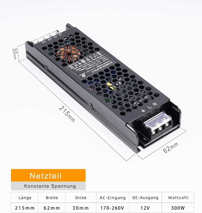 DUSKTEC 300W 12V LED tápegység, IP20 transzformátor, 25A, beltéri LED szalagokhoz