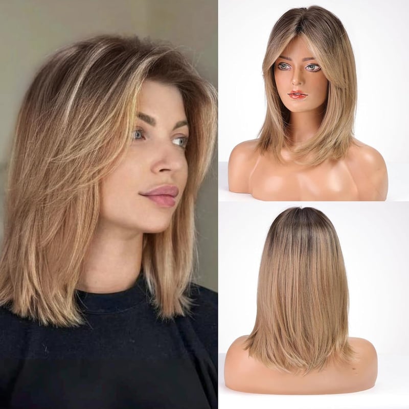 HAIRCUBE Női Paróka 40 cm Ombre Világosbarna Frufruval - Hullámos Szintetikus Paróka Hétköznapi és Cosplay Használatra
