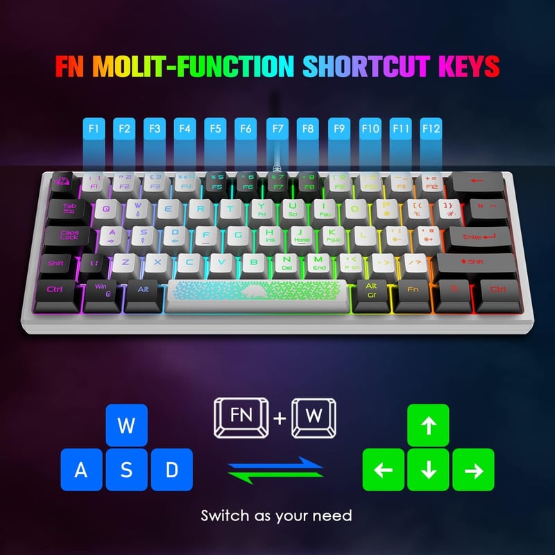 Redragon Mini 60% RGB Gamer Billentyűzet, Fehér-Fekete, 62 Gombos, PC/Mac