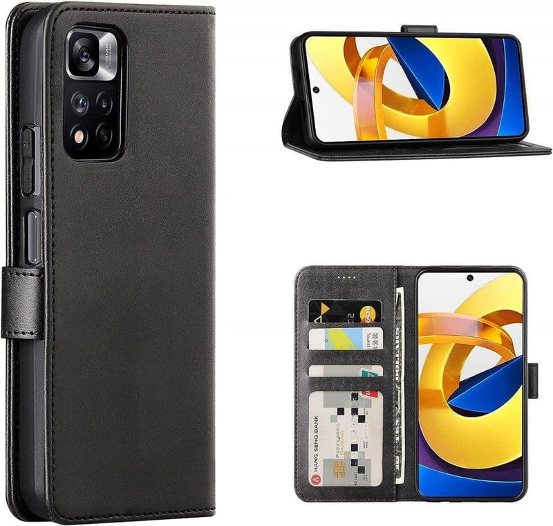 Poco M4 Pro 5G mágneses bőrtok 3 kártyatartóval - Fekete