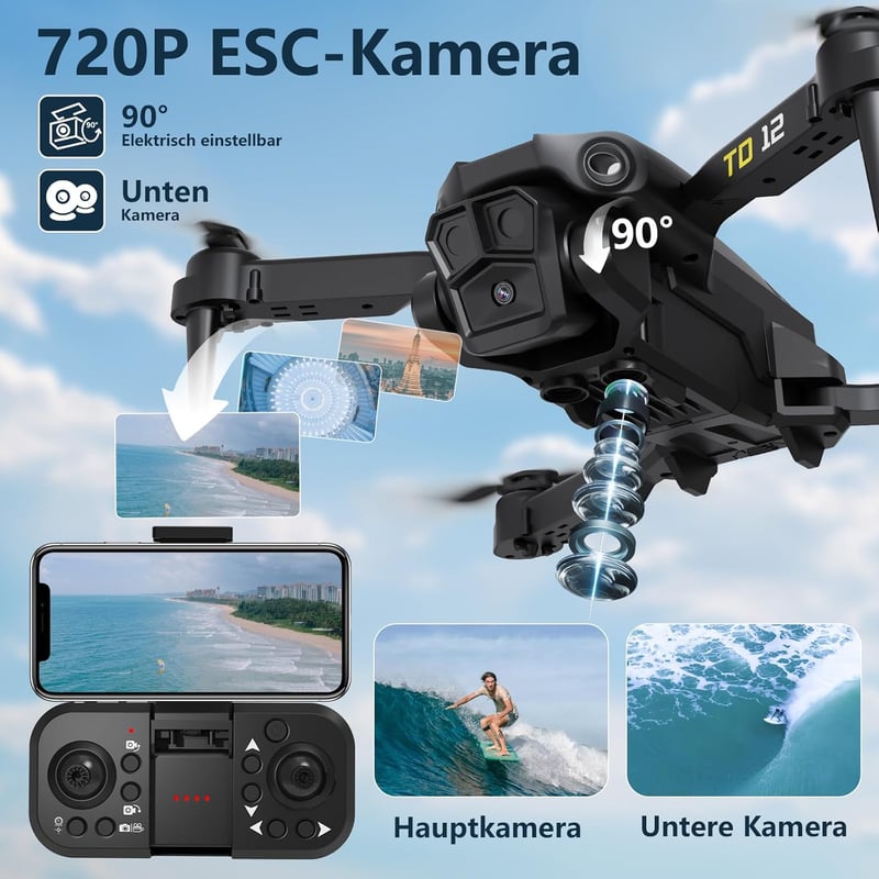 Toladrone TD12 Mini Drón 90° Állítható Kamerával - Összecsukható FPV Quadcopter Optikai Pozicionálással, Kezdőknek és Haladóknak, 2 Akkumulá