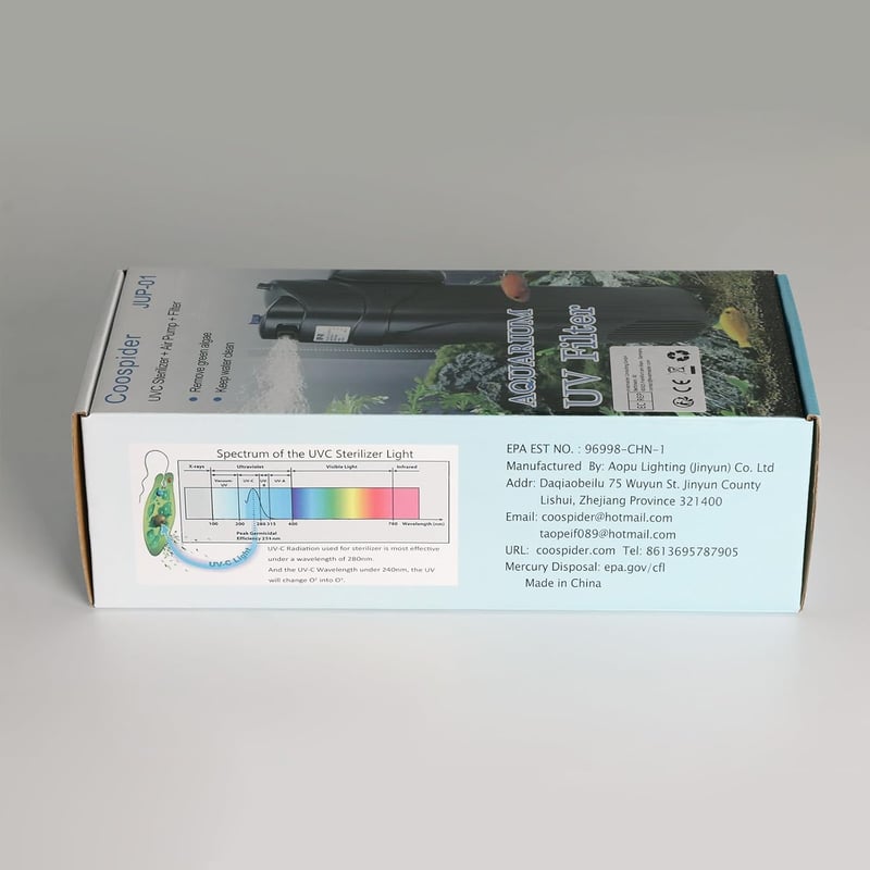 BootyBay JUP-01 UV Akvárium Szűrő 150-300 Literes Medencékhez, 800L/h Belső Vízszűrő Pumpa Zöld Alga Eltávolítóval, 9W UV Lámpával és 2 Póts