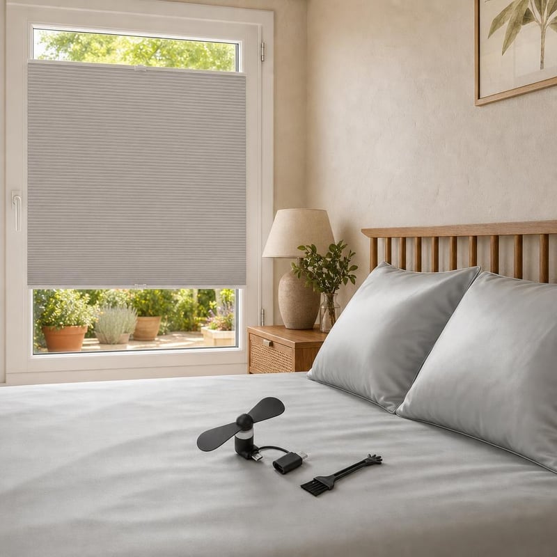 Letný balíček pre lepší spánok: 1x plisé roleta + 1x USB ventilátor + 2x saténová obliečka