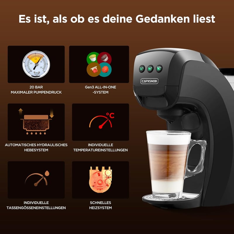 CAPXSNOB Warriors1 5 az 1-ben Kapszulás Kávéfőző - Nespresso, Dolce Gusto, Lavazza Kompatibilis, 20 Bar, 0,8L, Automata Mini Kávégép Otthonr