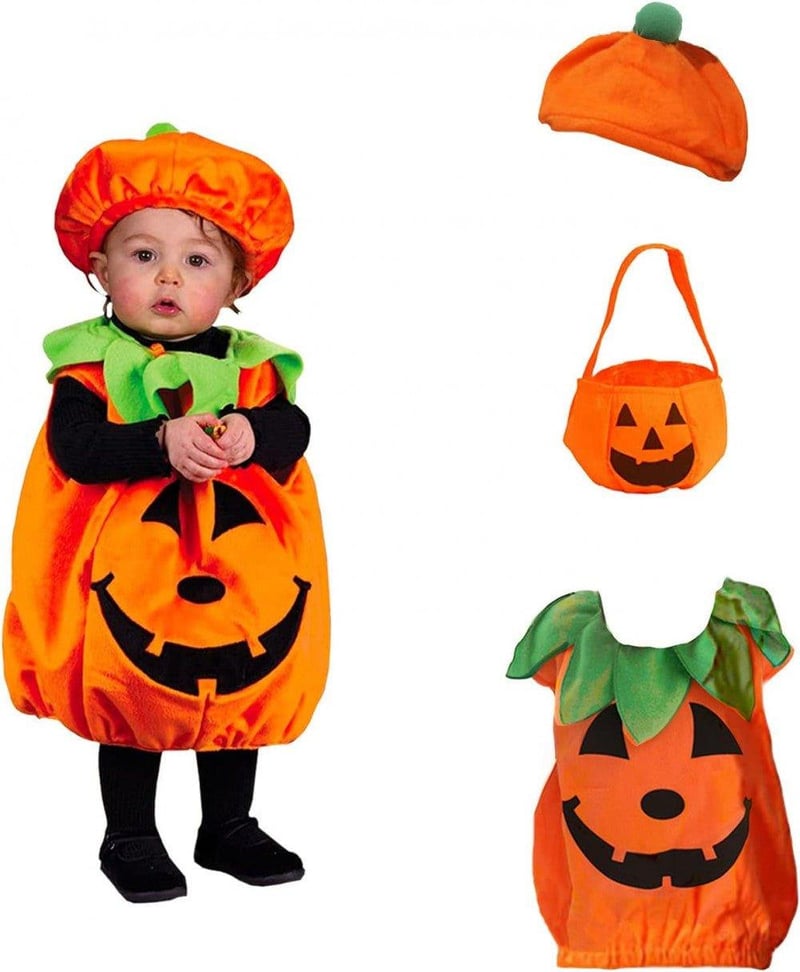 Tökös Halloween jelmez gyerekeknek kalappal és cukorkás zsákkal, 110-es méret