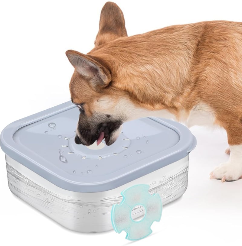 Pettom Cseppmentes Kutyaitató 2L - Fröccsenésgátló Víztál Macskáknak és Kutyáknak, Szűrővel Ellátott Csúszásmentes Itatótál Szőnyegre és Nap