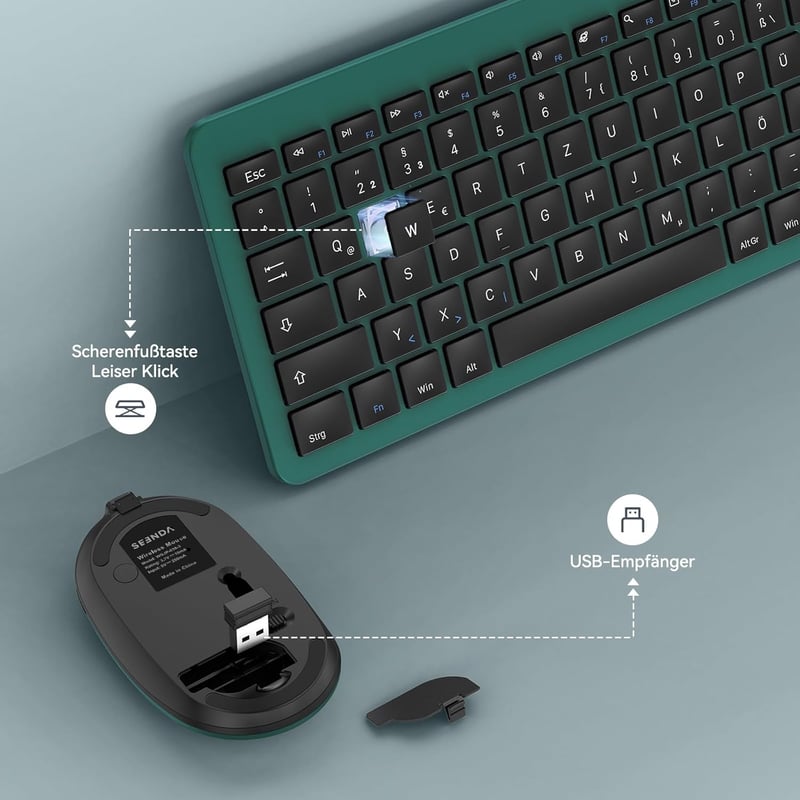 seenda Vezeték Nélküli Billentyűzet-Egér Szett, Újratölthető, Ultravékony, Ergonomikus, Szilikon Porvédővel, PC/Laptop/Smart TV, Német QWERT