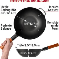YOSUKATA 30 cm Karbonacél Wok Serpenyő - Előégetett Lapos Aljú Kínai Edény Indukciós, Gáz, Elektromos Főzőlaphoz és Grillhez - Autentikus Áz 2
