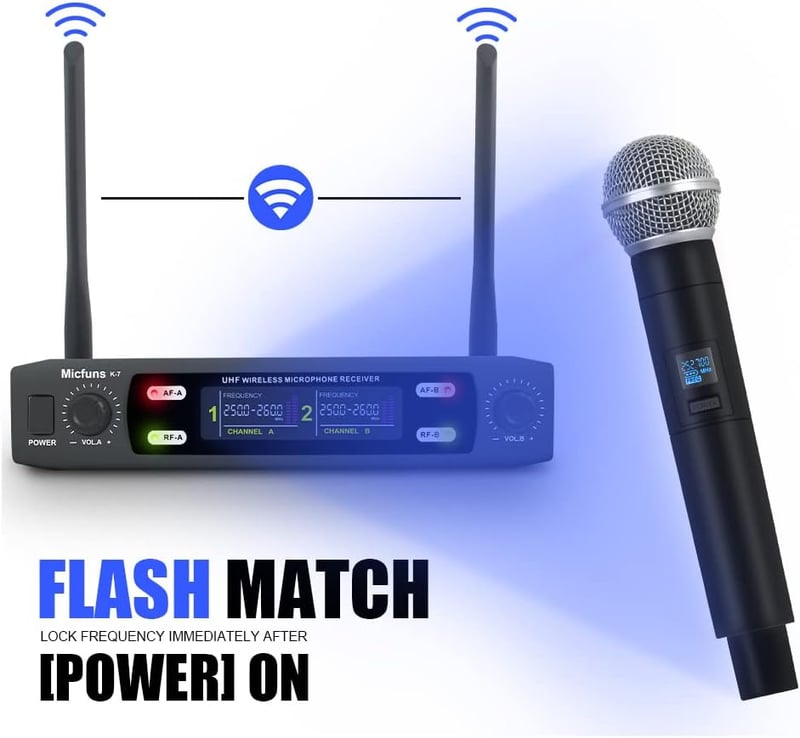 Micfuns K7 Profi vezeték nélküli karaoke mikrofon szett, 2 kézi VHF, 100m hatótáv