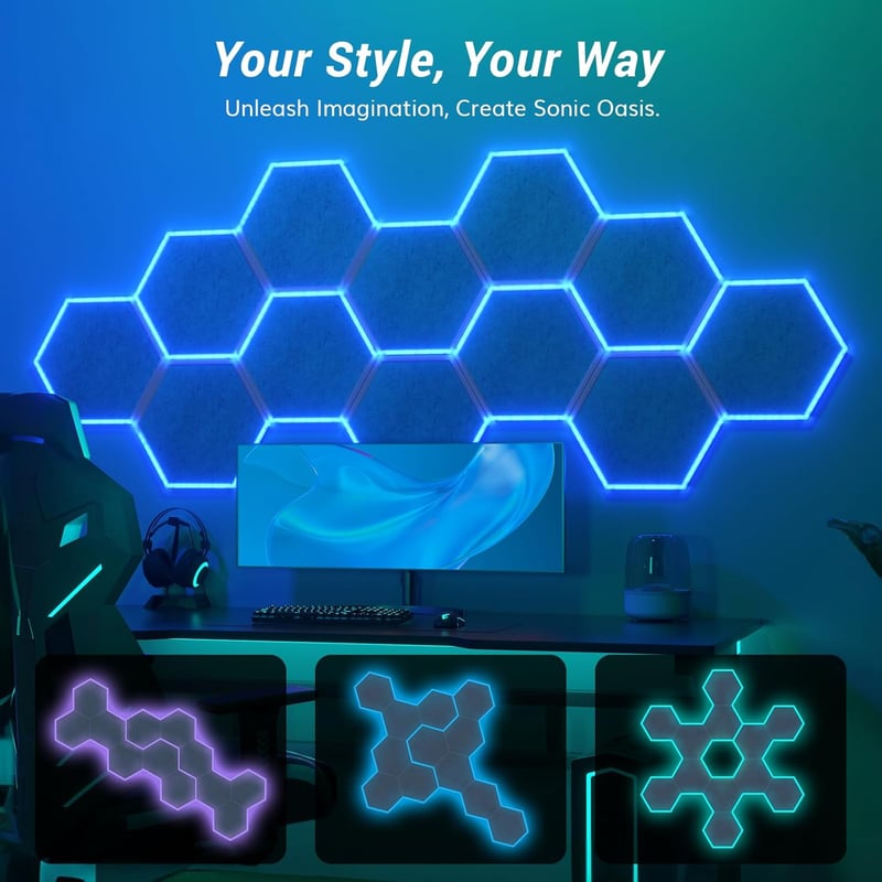 TONOR RGB Akusztikai Panel Szett 12db - 32x28x1,2cm Öntapadós Hangszigetelő Lapok Applikációval Vezérelhető Világítással - Stúdió, Podcast, 