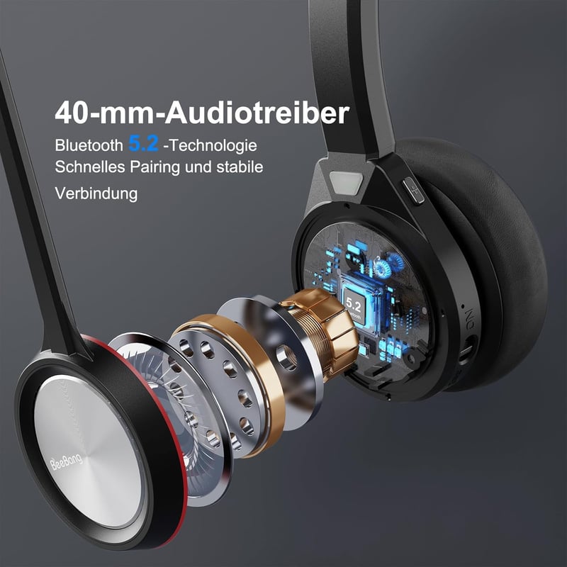 Beebang Vezeték Nélküli Headset, Mono Bluetooth 5.2 Mikrofonos Fejhallgató USB Adapterrel PC-hez, 30 Órás Üzemidő, Mac, Skype, Teams, Zoom K