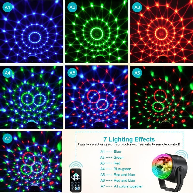 URAQT LED Diszkógömb Szett - 2 db 360° Forgó Partyfény Távirányítóval, 7 RGB Színmód, Zenére Változó Fények Gyerekeknek, Halloween, Karácson