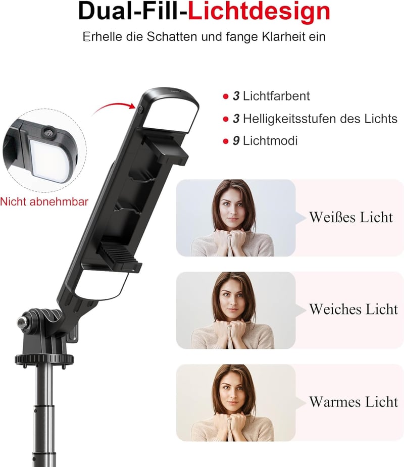ASHINER 180cm-es LED fényes szelfibot állvánnyal, iPhone és Android kompatibilis
