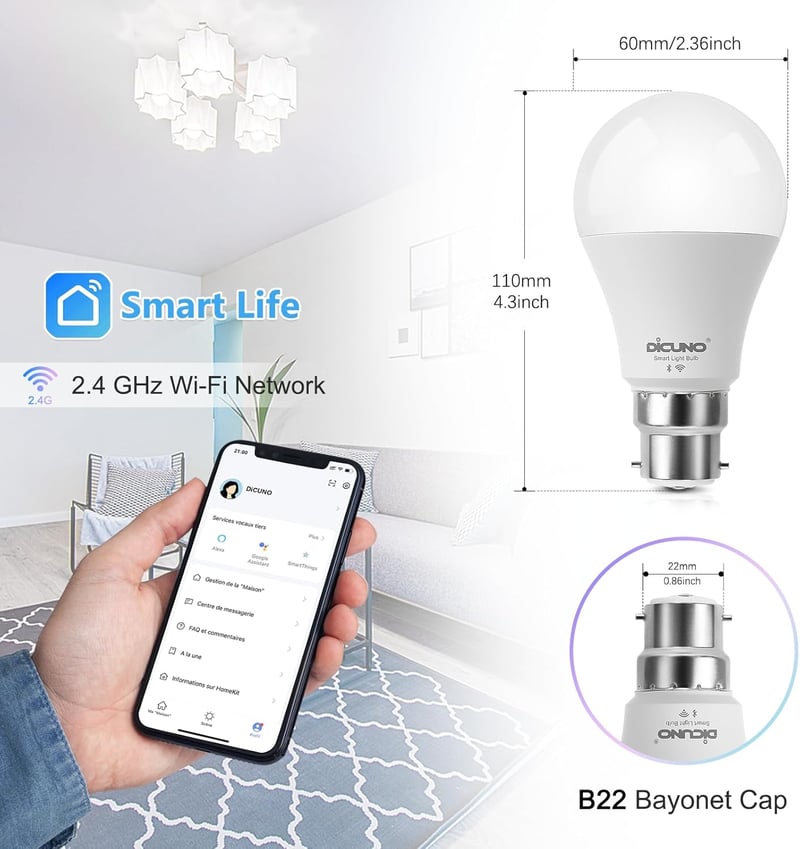 DiCUNO B22 Okos LED Izzó 9W - WiFi Vezérelhető, Melegfehér-Hidegfehér, RGBCW Színváltós, Alexa/Google Kompatibilis, Hub Nélküli, 2 db Csomag