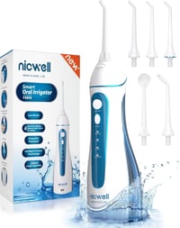 Nicwell Elektromos Szájzuhany IPX7 Vízálló Fogköztisztító - 5 Fej, 4 Üzemmód, USB Tölthető, Kék Fogápolási Készülék Utazáshoz 1