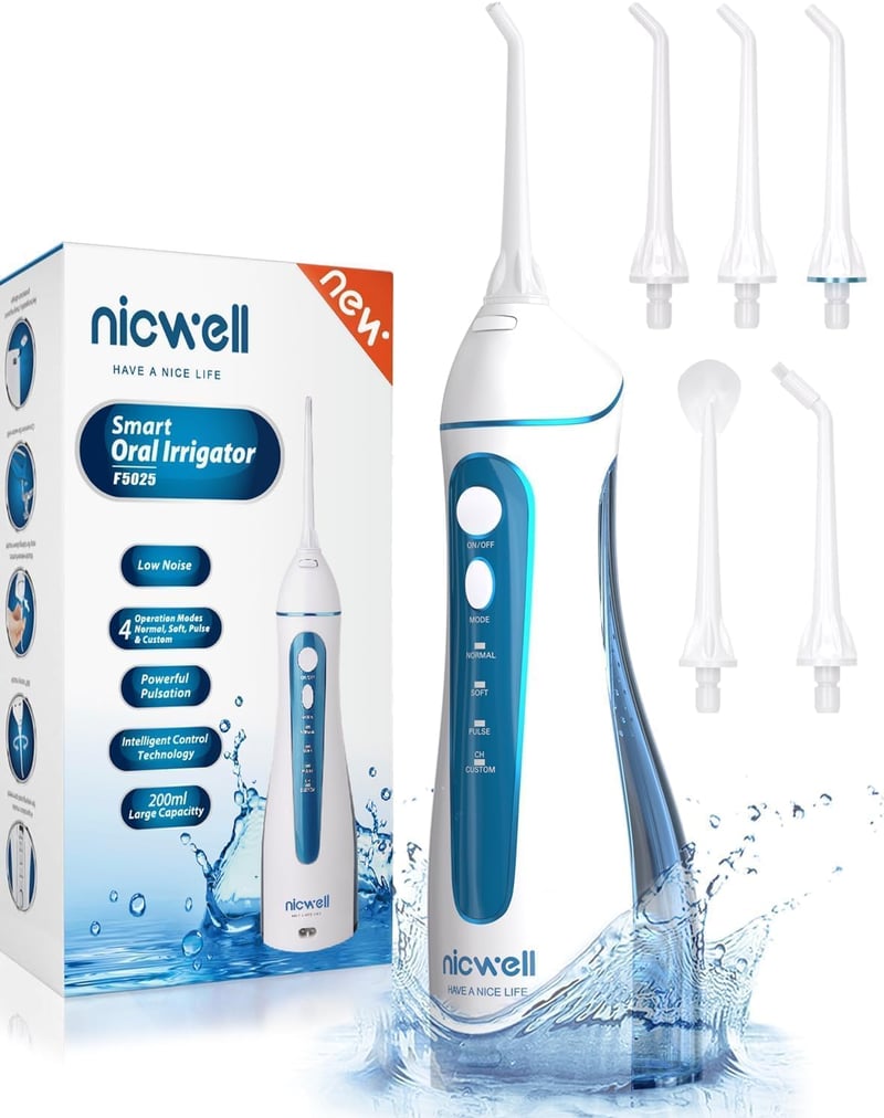 Nicwell Elektromos Szájzuhany IPX7 Vízálló Fogköztisztító - 5 Fej, 4 Üzemmód, USB Tölthető, Kék Fogápolási Készülék Utazáshoz