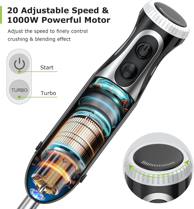 Bonsenkitchen 1000W-os Turbomixer Szett Aprítóval és Habverővel - Fekete