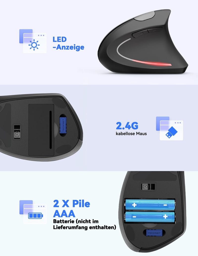 TeckNet Vertikális Ergonomikus Vezeték Nélküli Egér 2.4G - Csuklófájdalom Megelőzésére, 6 Gombos, 3 DPI Fokozat, 50 Láb Hatótáv