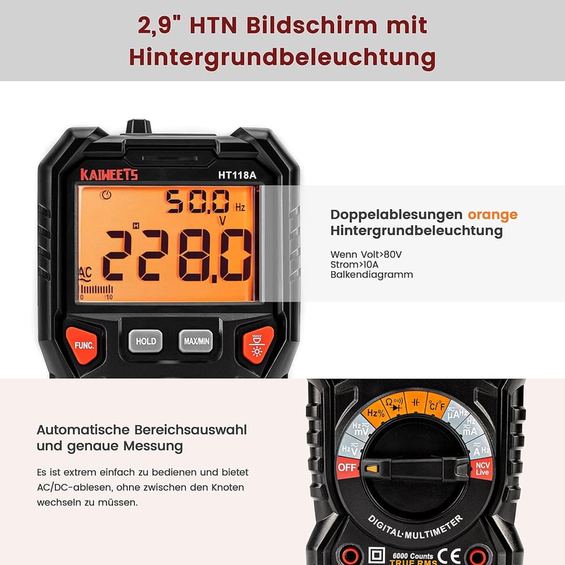 Kaiweets digitális multiméter LED-es csatlakozókkal, True RMS 6000-es automata mérőműszer villanyszerelőknek