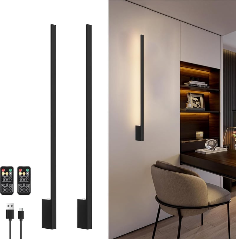Klighten Akkumulátoros Fali Lámpa 2db - 10000 mAh Tölthető, Távirányítós, Fényerőszabályozós, 100 cm, 6W, 3000K-6000K, Fekete, Nappali Világ