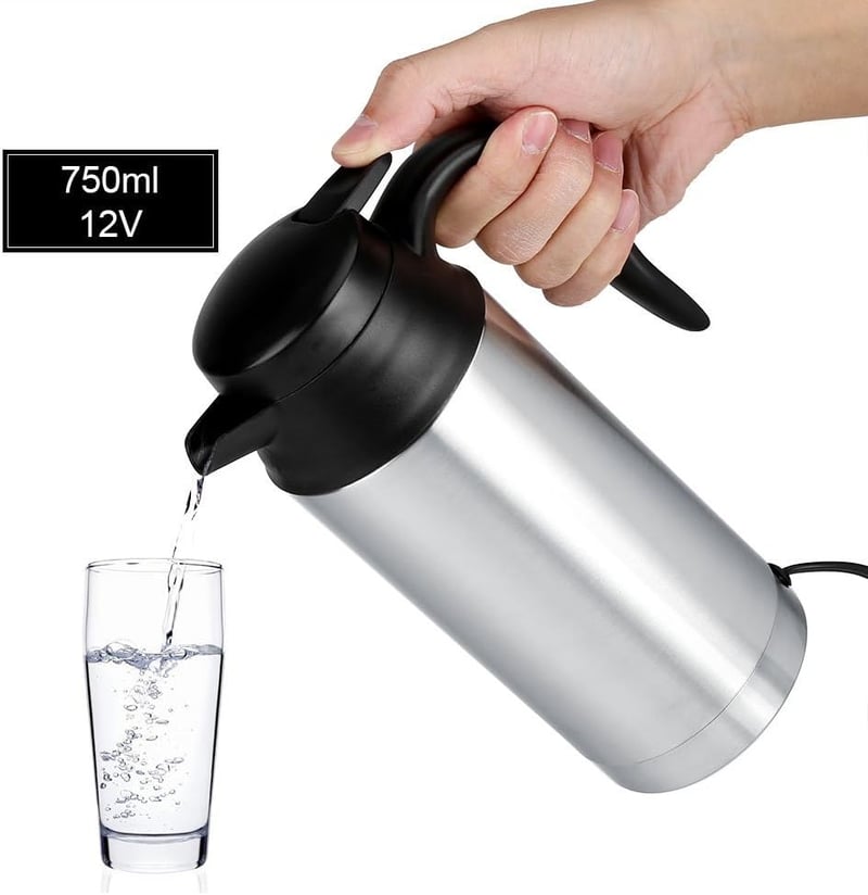MAGT 12V 750ml Autós Vízforraló Bögre - Rozsdamentes Acél Utazó Termosz Kávéhoz, Teához - Automata Kikapcsolás, Jelzőfény, Ezüst