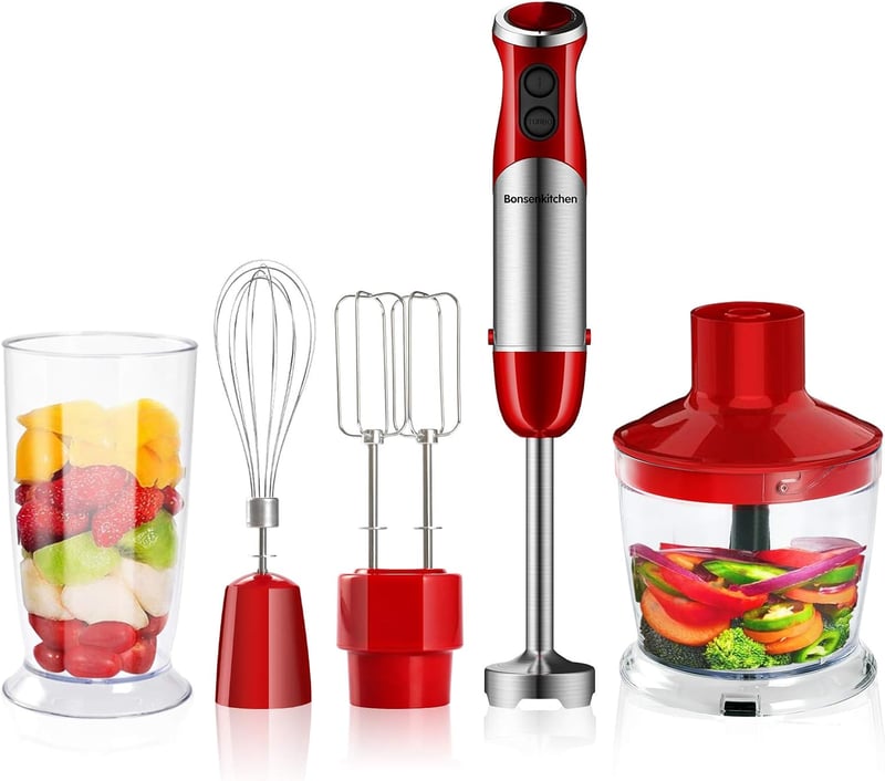 Bonsenkitchen 800W-os 5 az 1-ben botmixer szett, piros, aprítóval és habverővel
