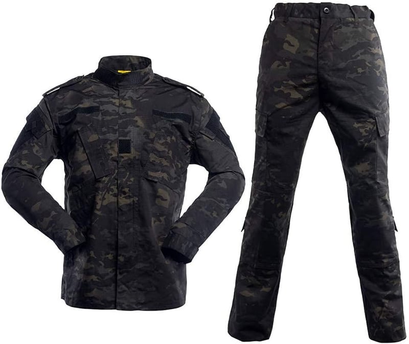 WISEONUS Airsoft Taktikai Ruházat Szett - Katonai Terepszínű Egyenruha Paintball Játékhoz, Vadászathoz - Fekete Terep Mintás Kabát és Nadrág