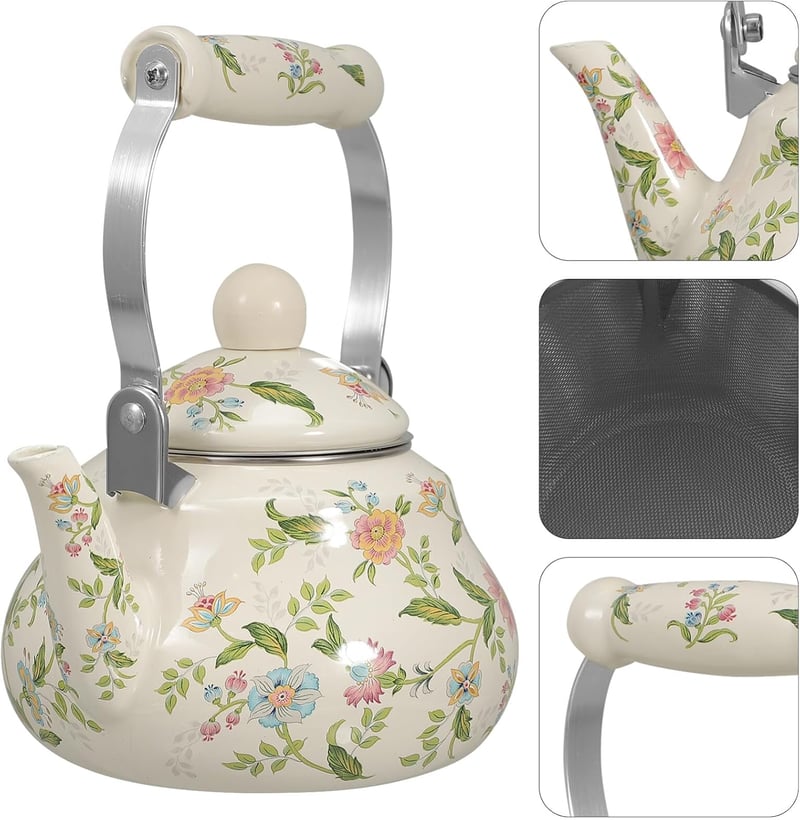BESTonZON Vintage Teáskanna - Fehér Zománcozott Vízforraló Indukciós Főzőlapra - Retro Stílusú Hordozható Teafőző 730g