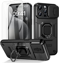 Doeshine iPhone 15 Pro Max Tok, 360° Gyűrűs Állvánnyal, Kamera Védőfedéllel, Katonai Ütésálló Védelem, 2db Képernyővédő Fóliával, Fekete 1