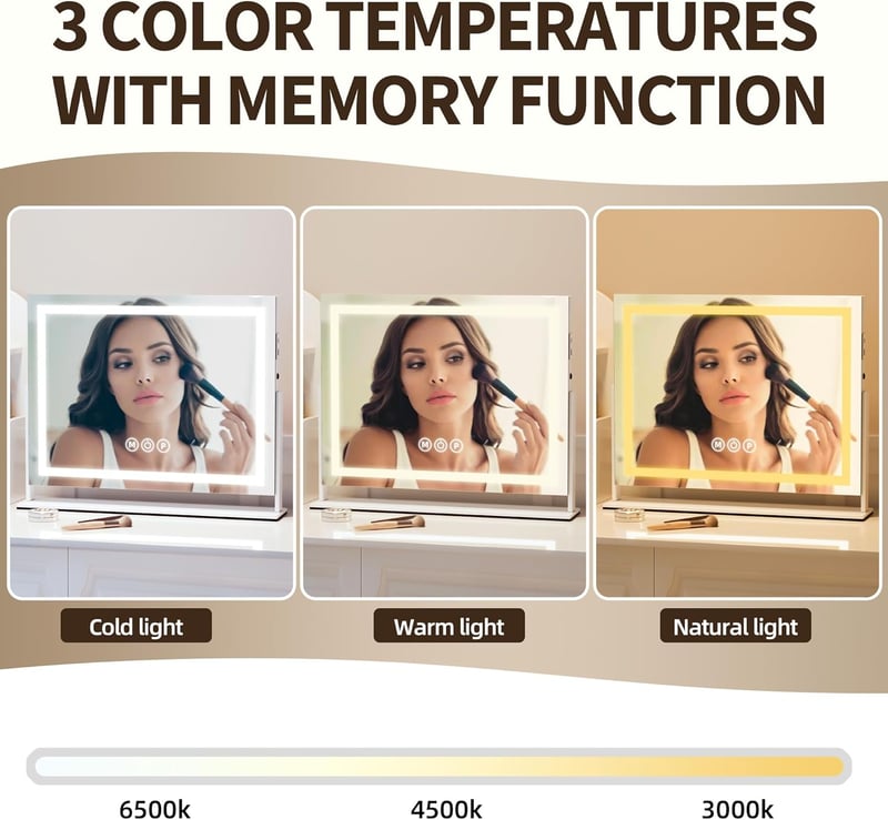 Sminktükör 50x62,5 cm LED Világítással - 3 Színhőmérsékletű Hollywood Tükör Érintésvezérléssel, 10X Nagyítással, USB 