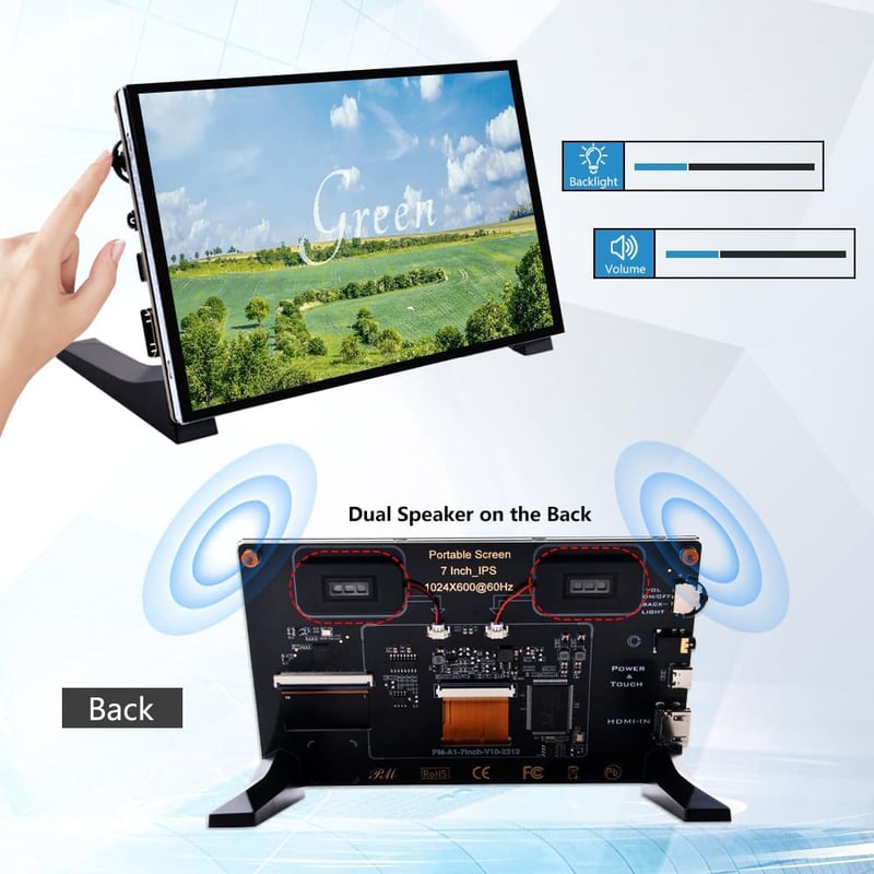 GeeekPi 7" Kapacitív Érintőképernyős Monitor Raspberry Pi-hoz - 1024x600 IPS LCD Kijelző Kettős Hangszóróval, HDMI Csatlakozással, Pi 5/4B/3