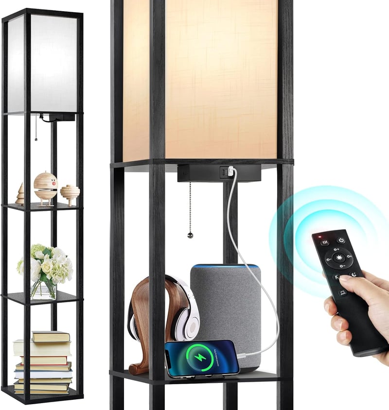 OUTON Állólámpa Polccal - Távirányítós, Fényerőszabályozós, 4 Színhőmérsékletű LED Lámpa 2 USB Porttal, Időzítővel - Nappali, Hálószoba, Iro