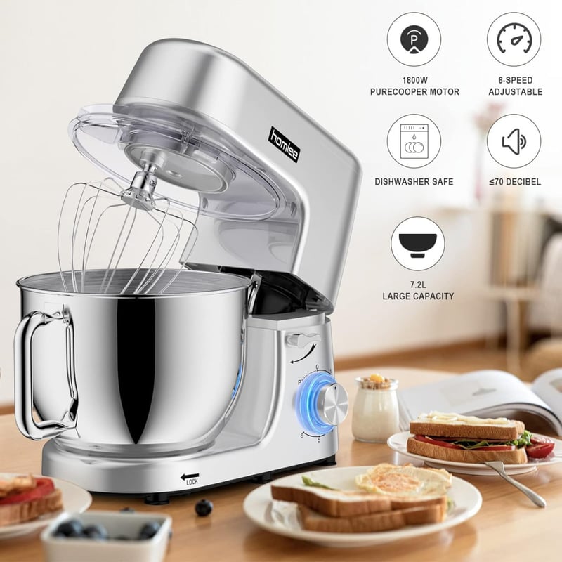 homlee 1800W Konyhai Robotgép 7,2L Rozsdamentes Acél Tállal - Dagasztó, Keverő és Habverő Tartozékokkal, Túlmelegedés Elleni Védelemmel, Ezü