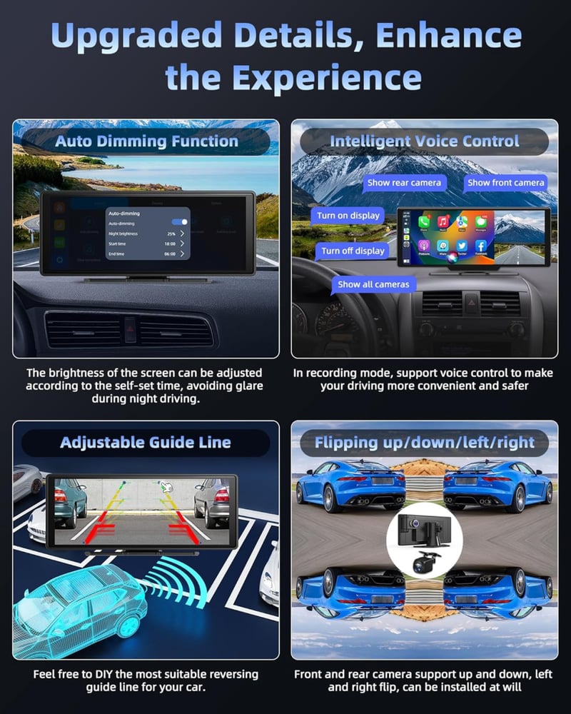 Jansite 10,26" Apple CarPlay Android Autós Kijelző 2.5K Műszerfali Kamerával, Vezeték Nélküli DrivePlay, Tolatókamera, Bluetooth, Tükrözés