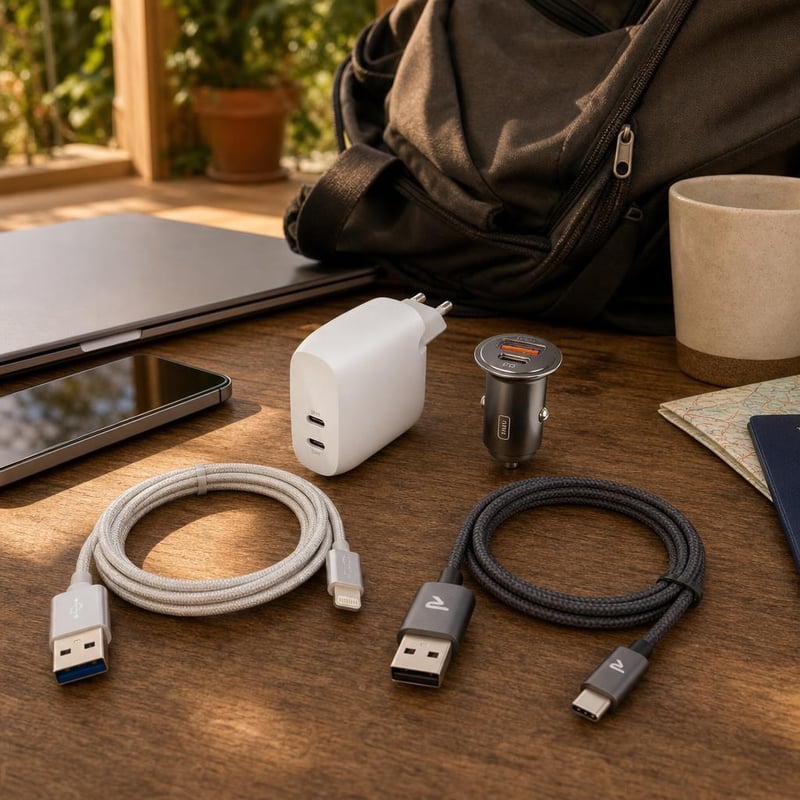 Putni set za punjenje: Lightning kabel + USB-C kabel + 2-portni punjač + brzi auto punjač