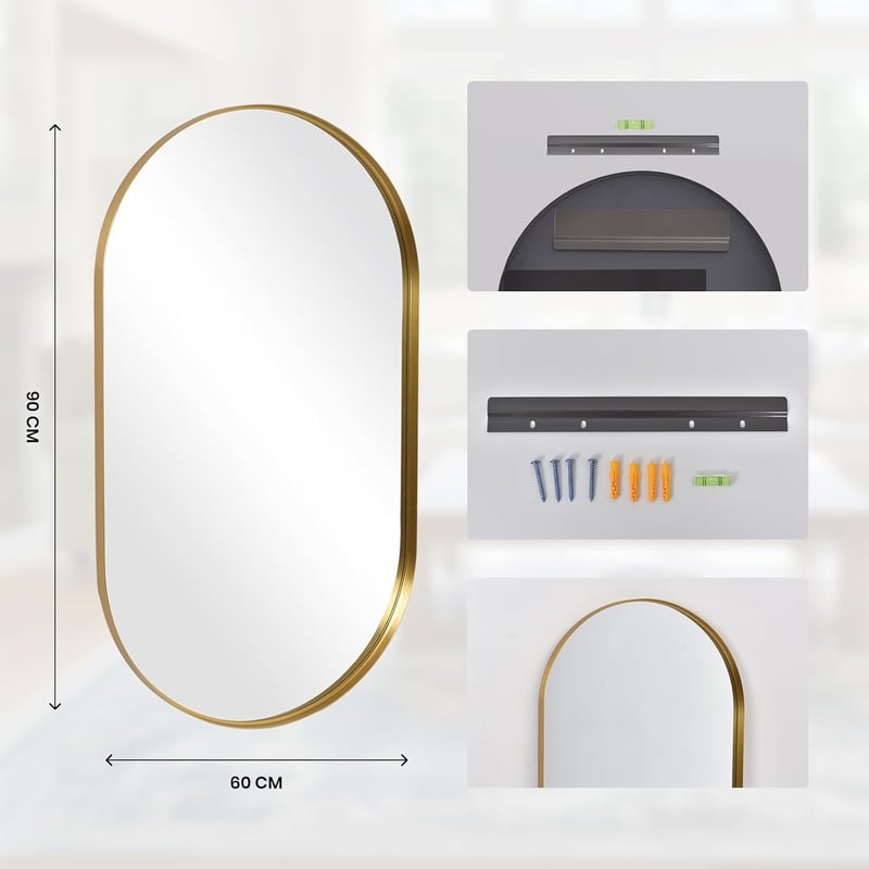 LunaMirror Ovális Fürdőszobai Tükör 60x90 cm - Arany Keretű Fali Tükör Hálószobába, Nappaliba, Előszobába - Modern Dekoratív Dizájn