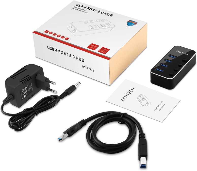 RSHTECH USB 3.0 Hub 4 portos, kapcsolókkal és tápegységgel