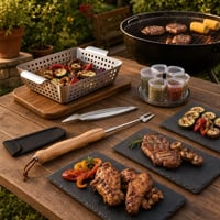 Set Grill Party: clește + furculiță + coș grill + dozator condimente 6-în-1 + 4 platouri ardezie 1