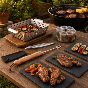 Set Grill Party: clește + furculiță + coș grill + dozator condimente 6-în-1 + 4 platouri ardezie