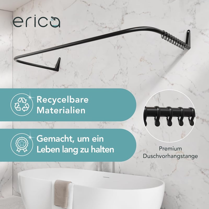 Erica U-alakú zuhanyfüggöny rúd 70x165x70 cm - Falra szerelhető, PVC bevonatú, rozsdamentes, 20 kg teherbírású