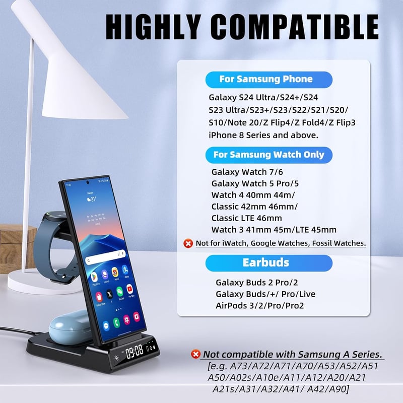 Samsung 3 az 1-ben vezeték nélküli töltőállomás Galaxy S24 Ultra, Watch 6 és Buds 2 Pro készülékekhez, digitális órával