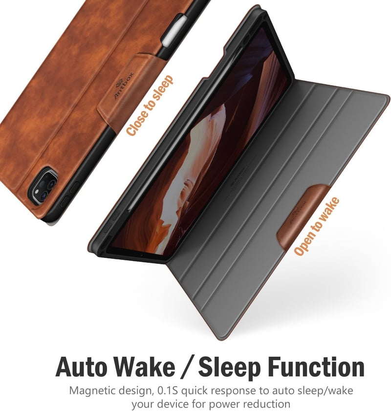 Antbox iPad Pro 12.9" Bőrtok (2018-2022) - Ceruza tartóval, Automata Alvás/Ébresztés funkcióval, PU Bőr Védőtok, Barna